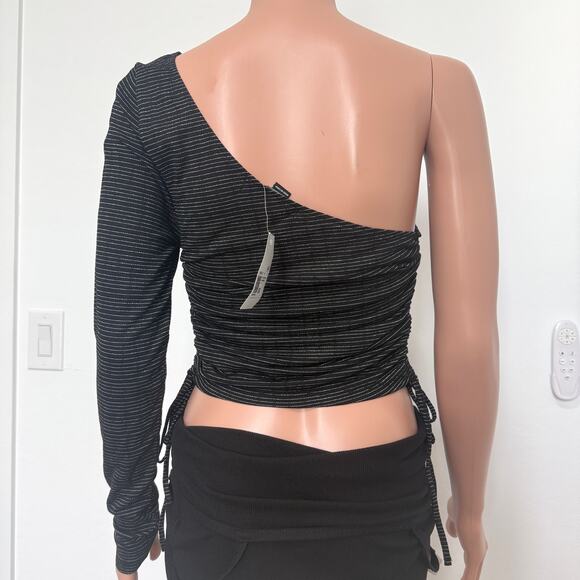 new black shimmer silver stripe one shoulder ruched top TLS1 2915 - Picture 9 of 10